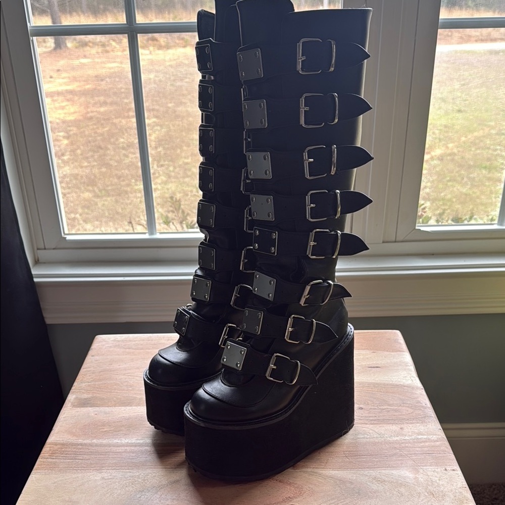 Demonia Swing Black Platform Buckle Boots